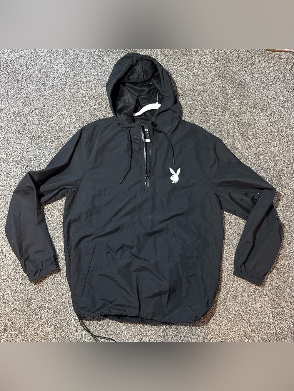 Playboy x PacSun Black Nylon Windbreaker Jacket 1/4 Zip Pullover Hooded Medium